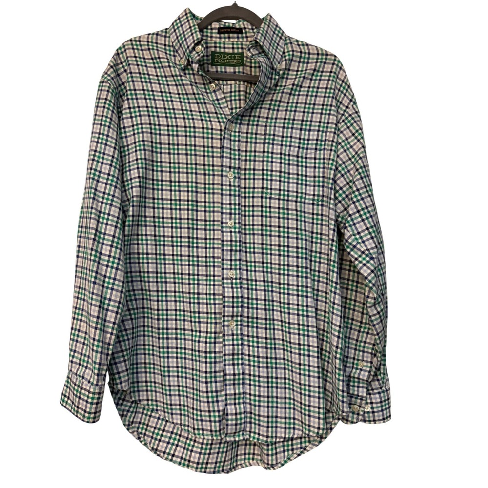 Dixie Pickers Mens Plaid Button Down Shirt Green Navy White Cotton Long Sleeve M